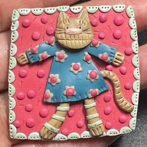 1996 Handmade Clay Cat Handmade Pin Brooch Vtg 2" Miclul Signed